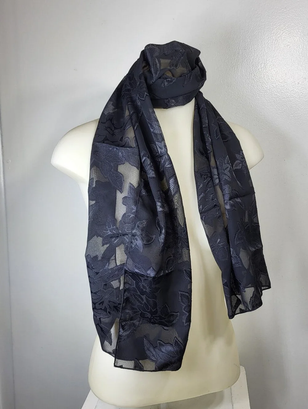 E. Amster Satin Elegant Black Floral Sheer Scarf With Scrunchy